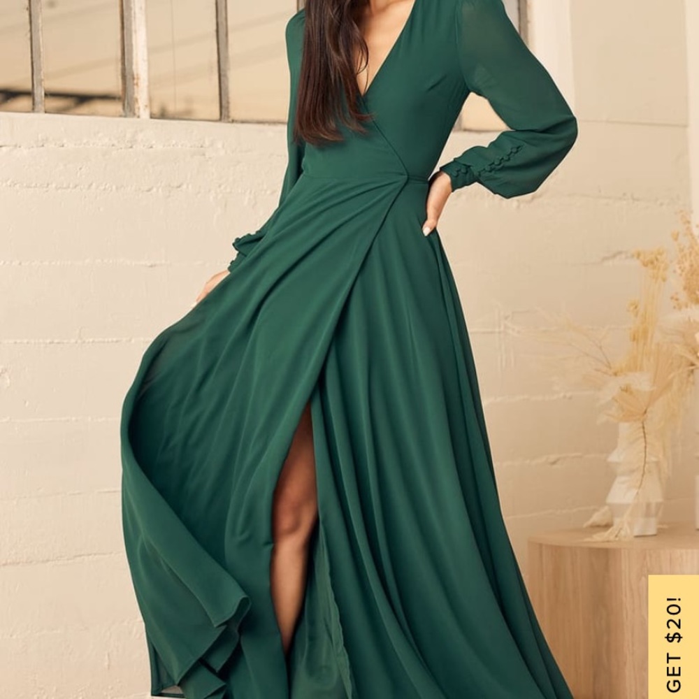LULU’S EMERALD GREEN WRAP DRESS LONG SLEEVE
